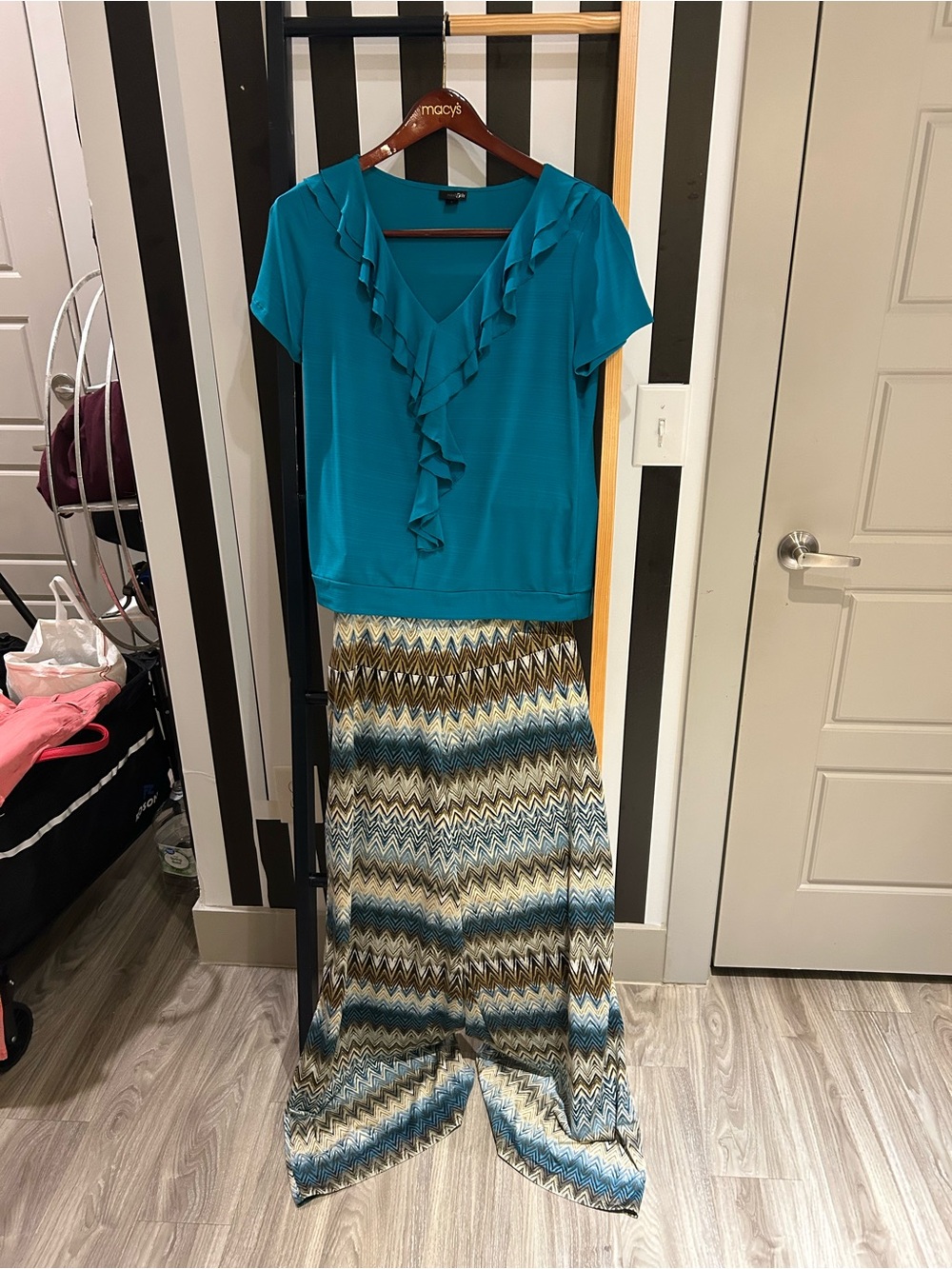 Zac & Rachel Teal Ruffle-Front Maxi with Chevron Print Skirt